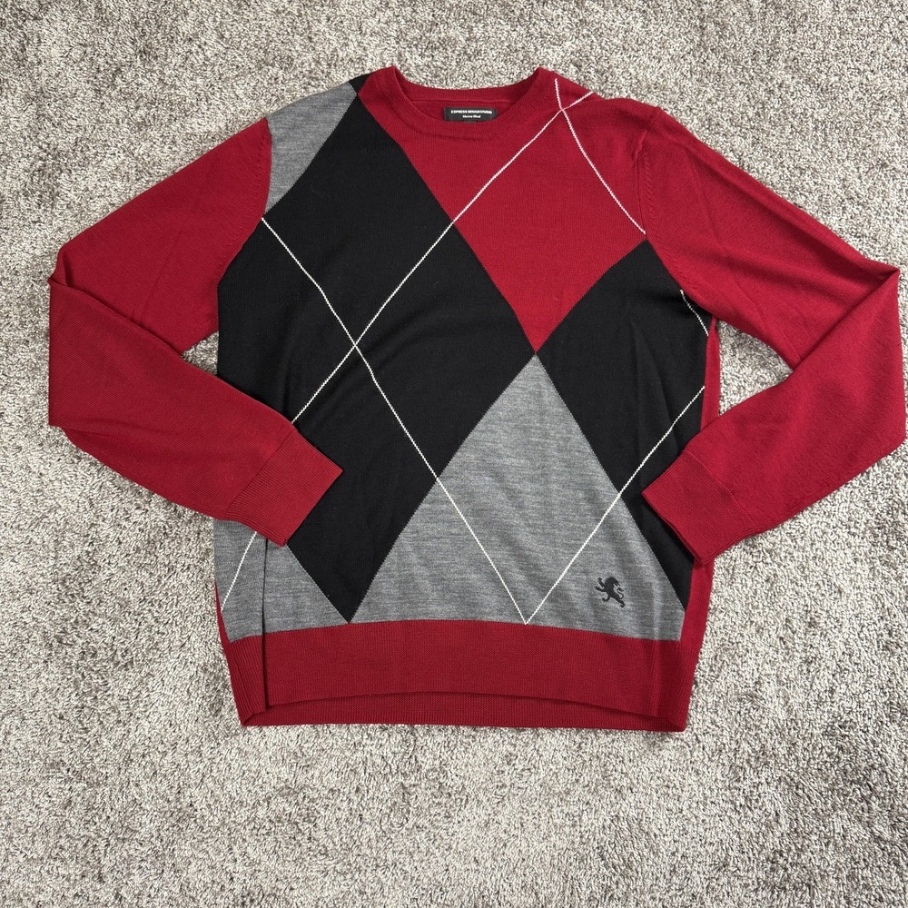 VTG‎ Express Argyle Merino Wool Pullover Sweater Mens Medium Dark Academia